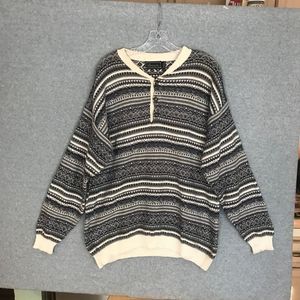 Vintage Berwick Henley Ski Sweater Mens Large Striped Knit 100%‎ Cotton USA Made